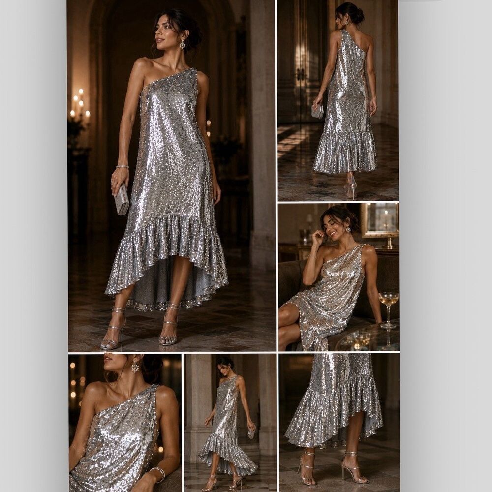 Anthropologie Maeve One-Shoulder Silver Sequin Maxi Dress XL Glam Party Cocktail - Picture 7 of 11